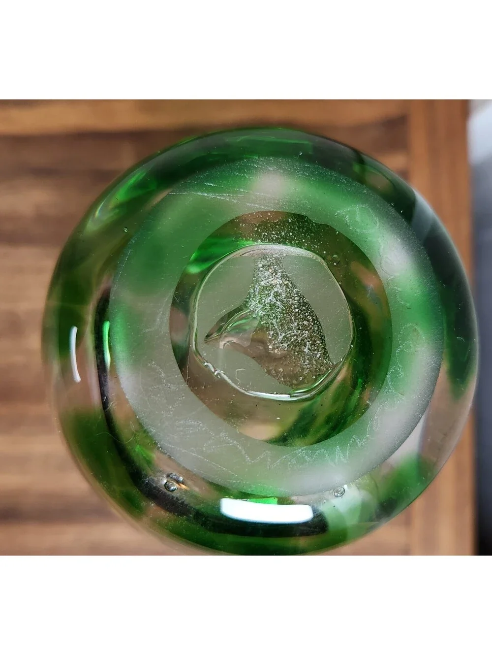 Signed Drew Ackerman '12 Hand Blown Art Glass Vase Clear Green Mottled 7
